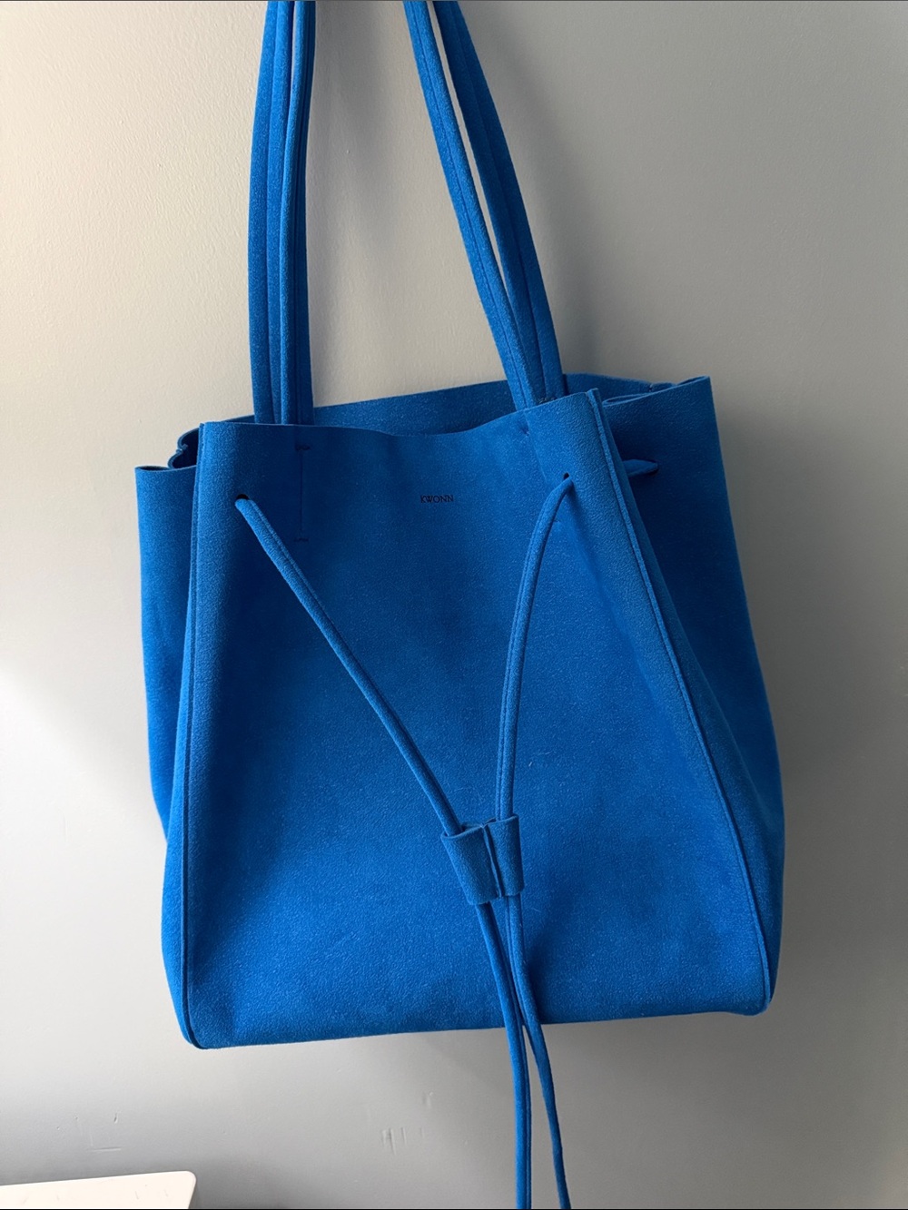 Kwonn Blue Shopper Suede Drawstring Tote Bag